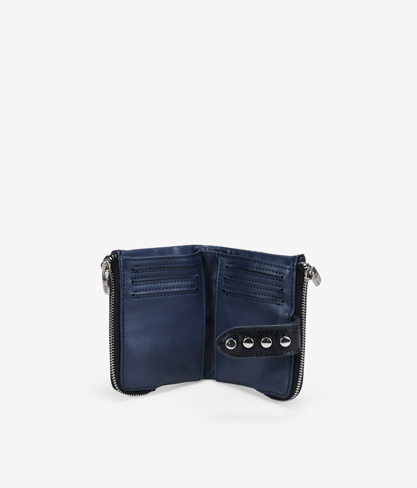 Billetero pequeño azul con solapa y tachas