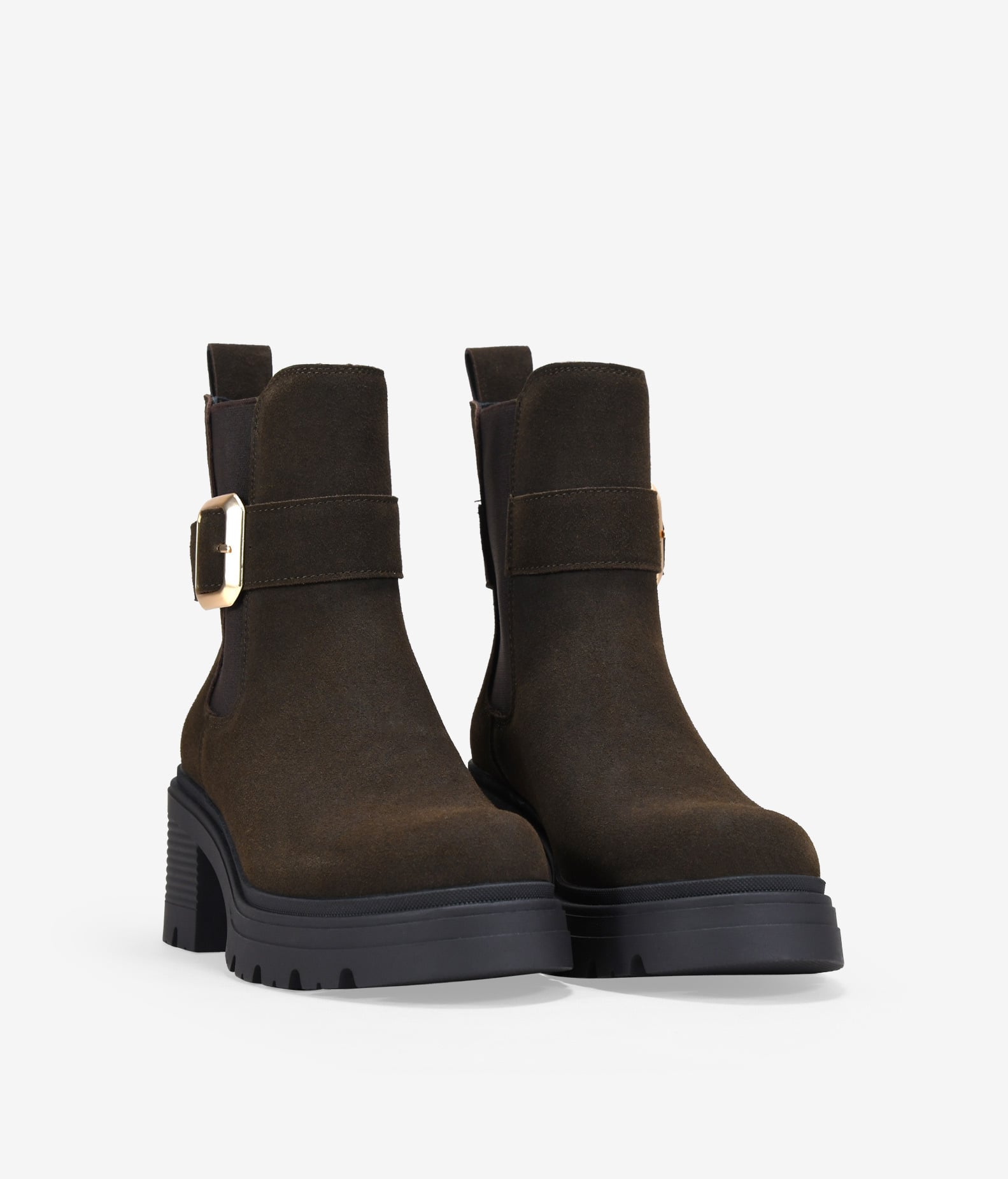 Botines de tacón kaki en piel con hebilla