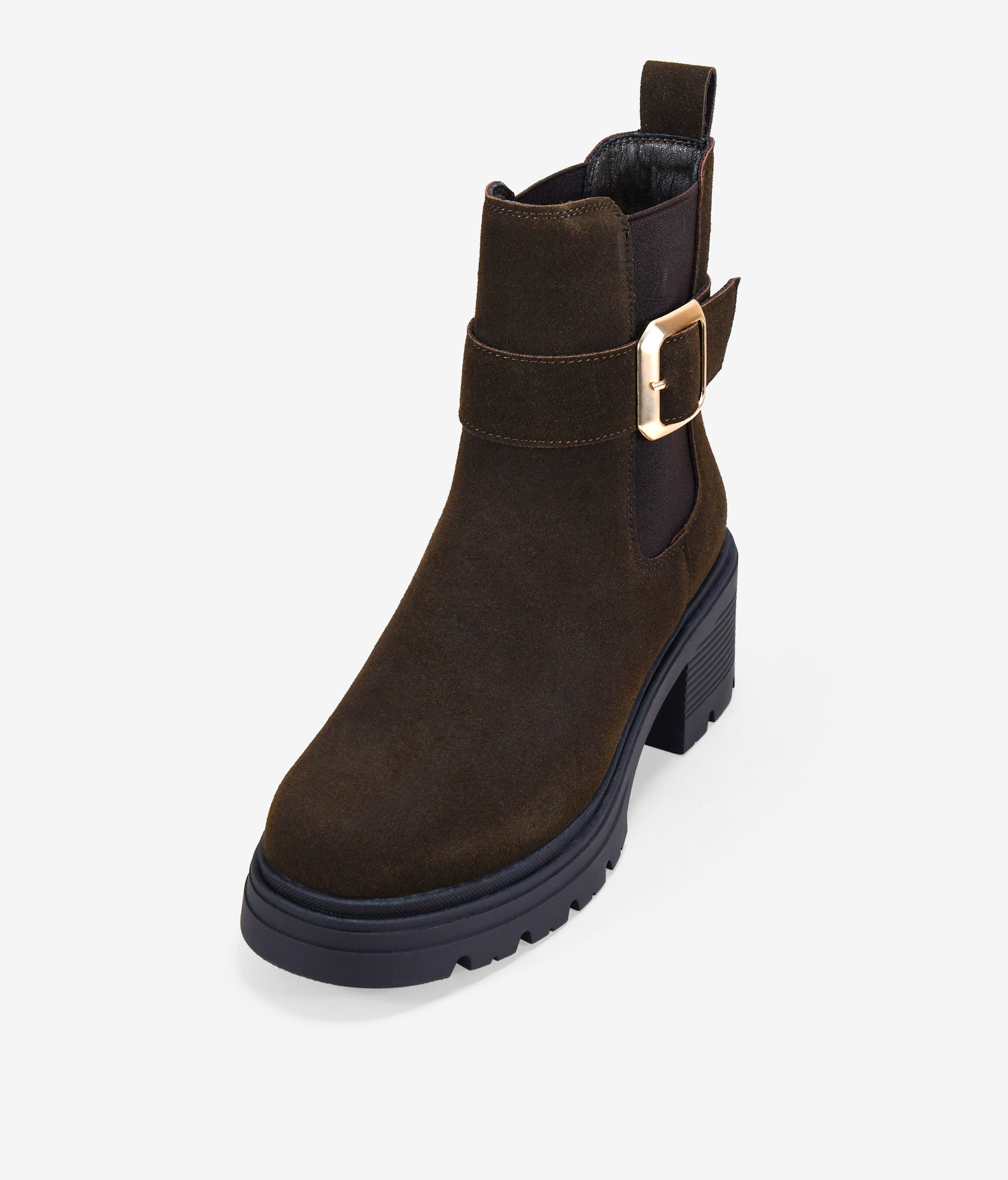 Botines de tacón kaki en piel con hebilla