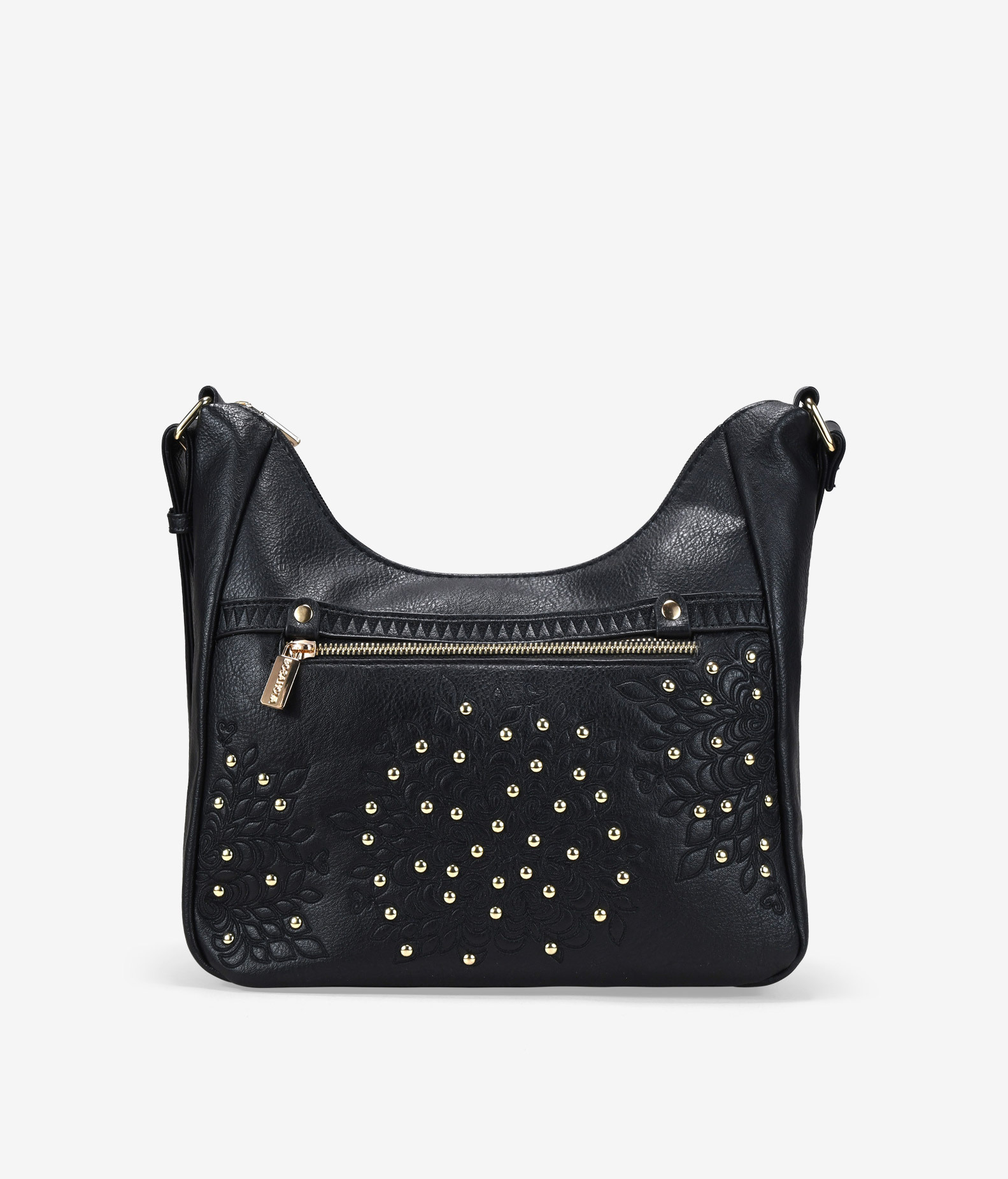 Bolso bandolera negro con cosidos y tachuelas 