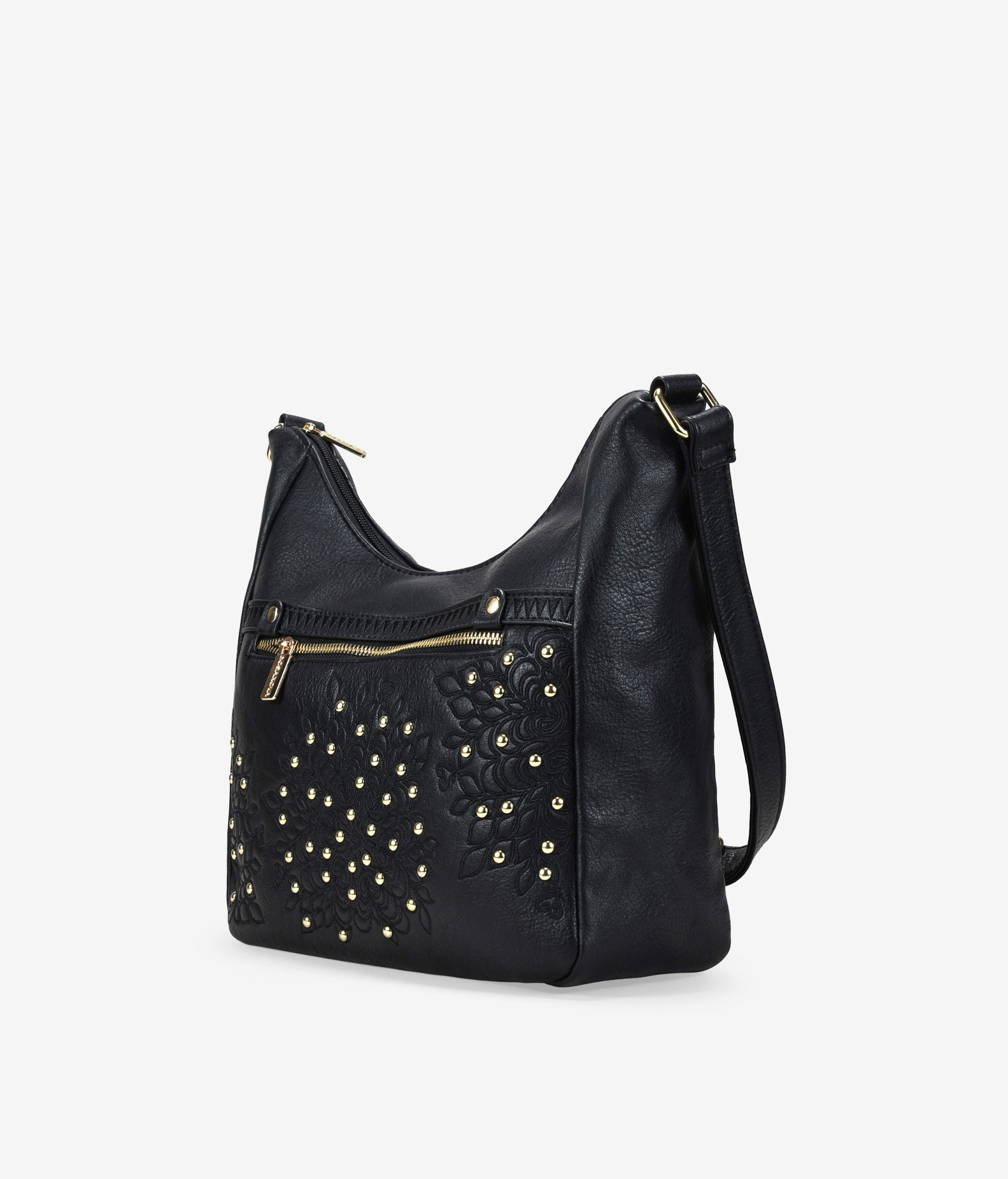 Bolso bandolera negro con cosidos y tachuelas 