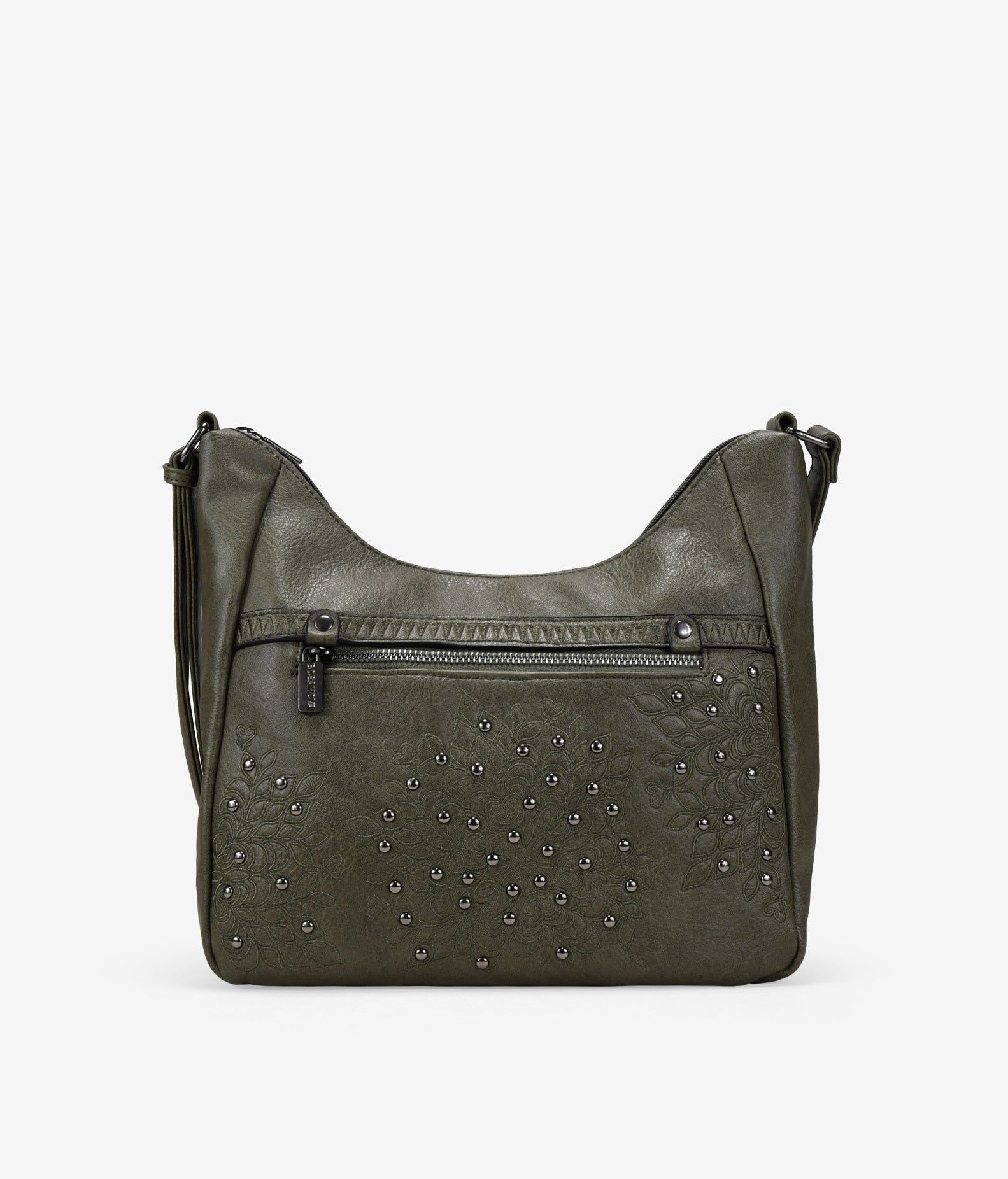 Bolso bandolera verde con cosidos y tachuelas