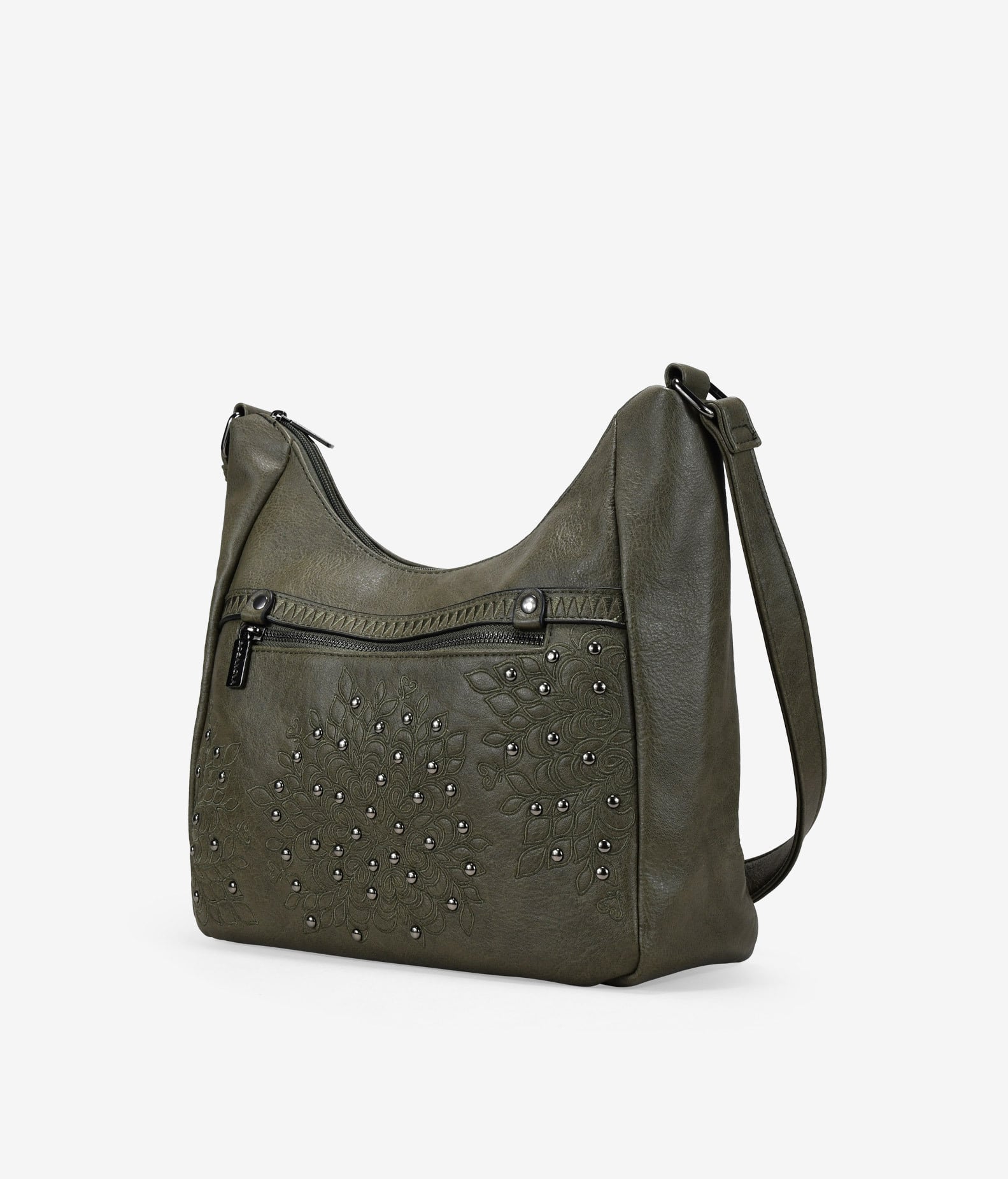 Bolso bandolera verde con cosidos y tachuelas