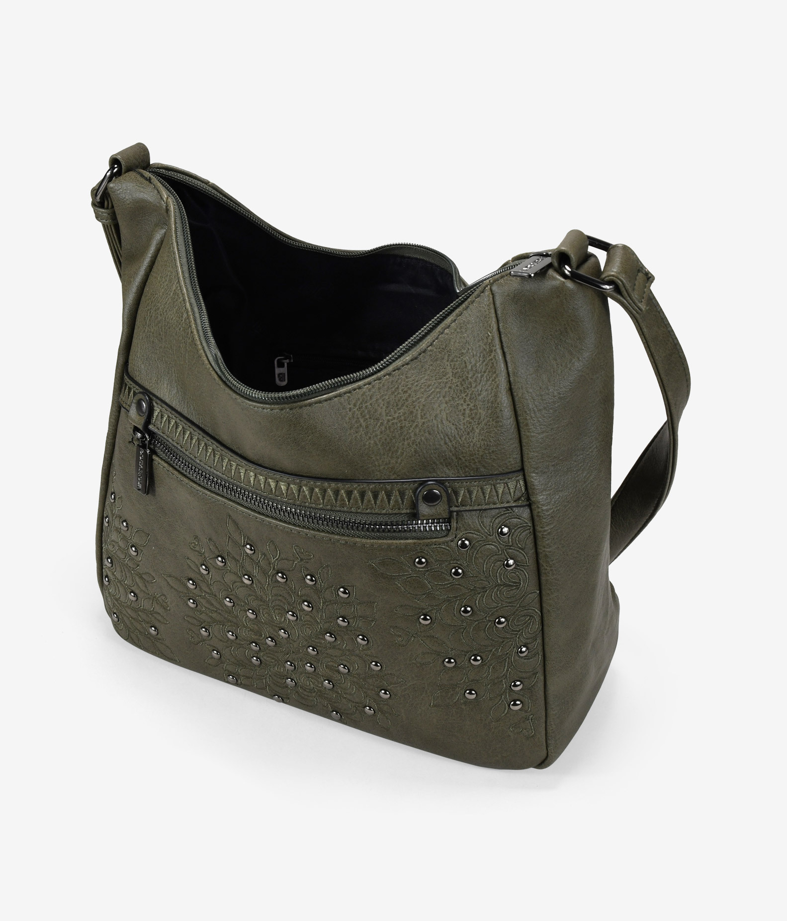 Bolso bandolera verde con cosidos y tachuelas