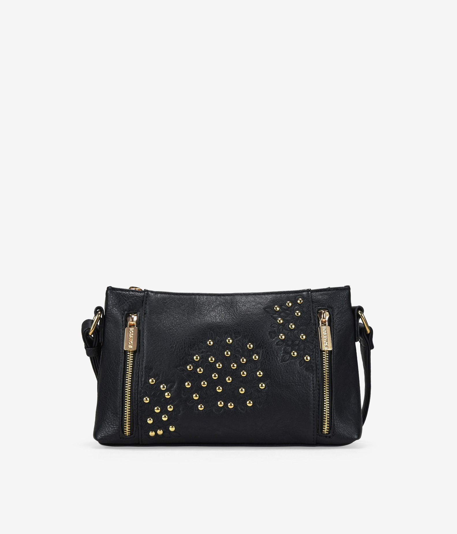 Bolso bandolera negro con cremalleras y tachas