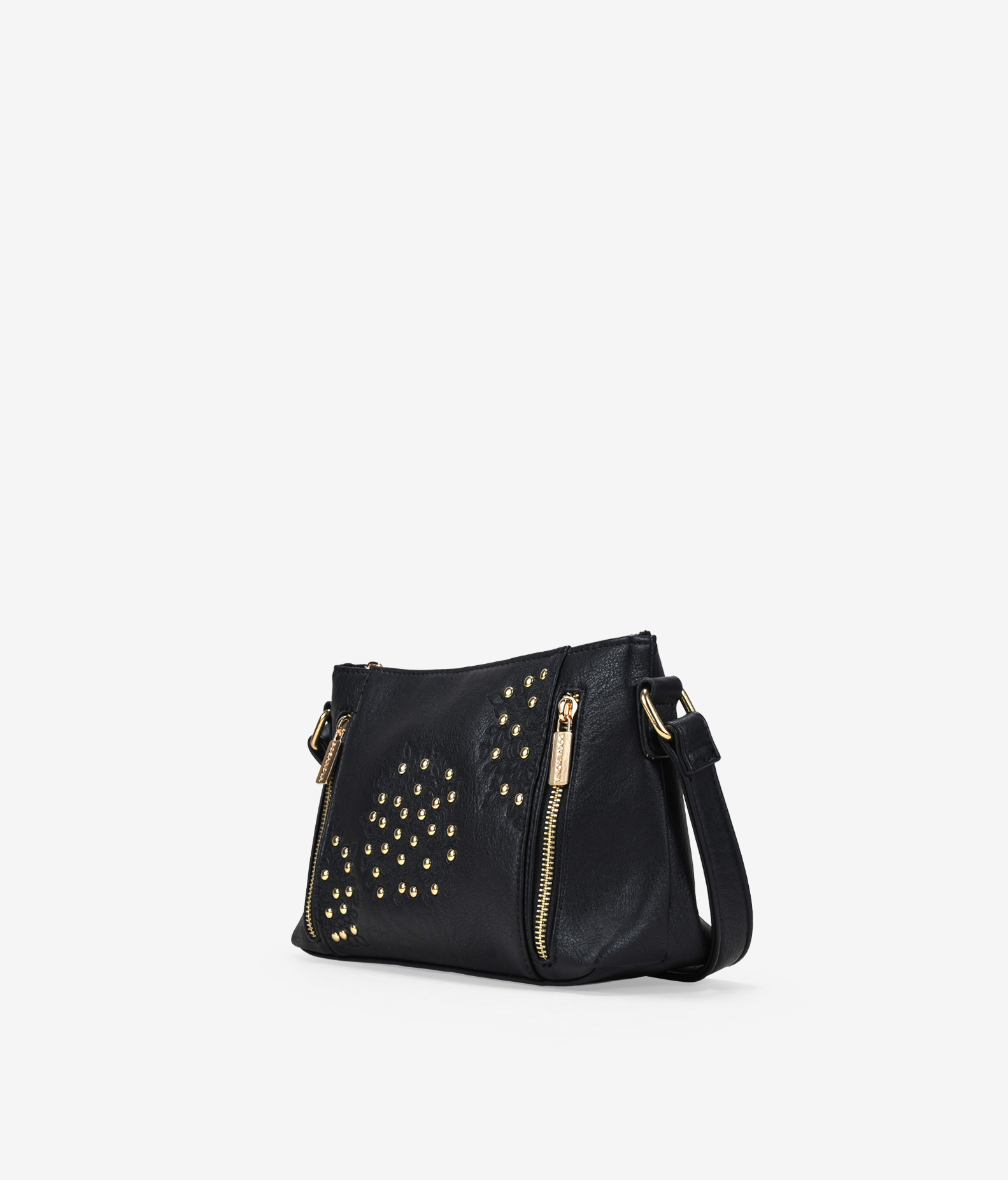Bolso bandolera negro con cremalleras y tachas