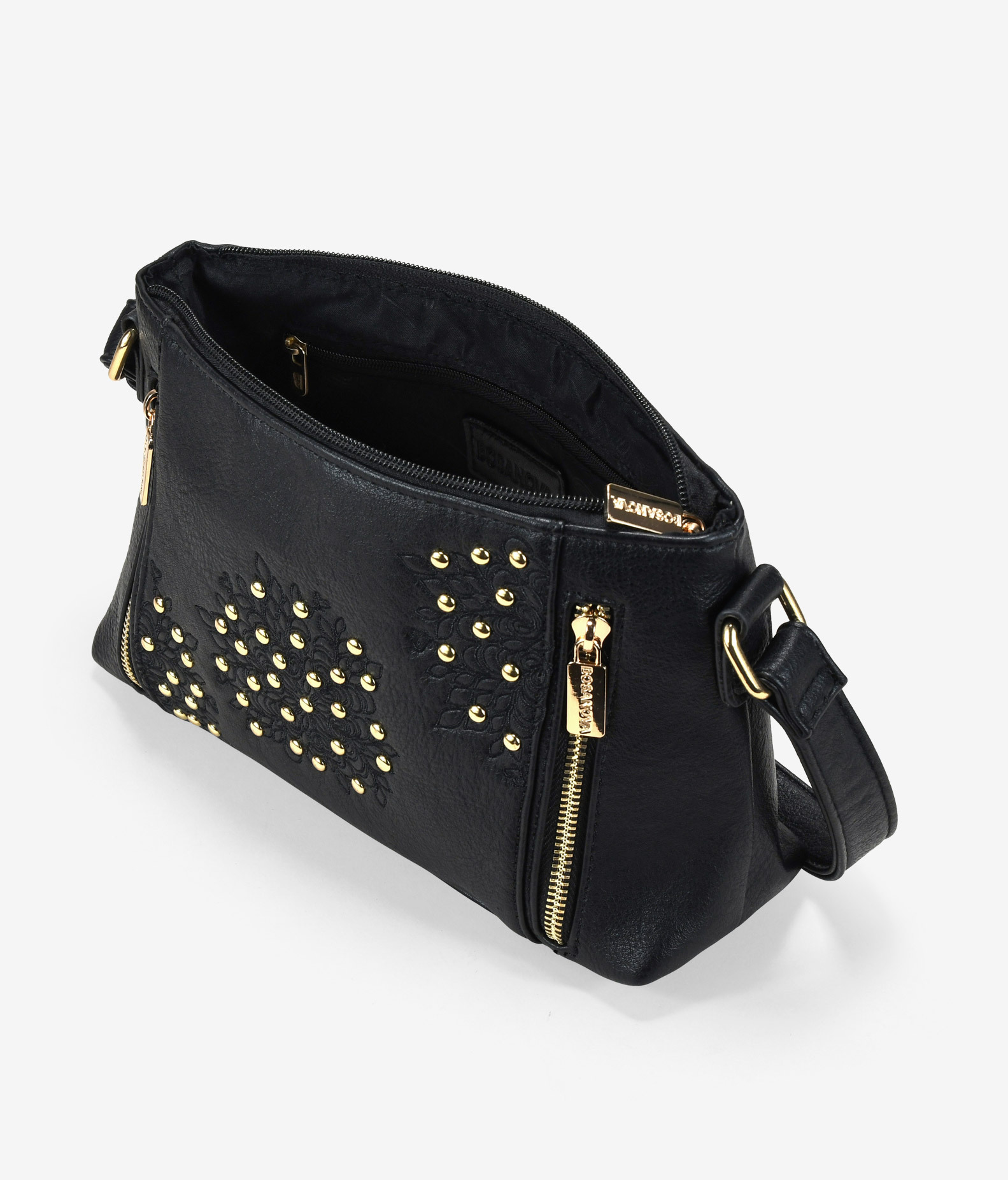 Bolso bandolera negro con cremalleras y tachas