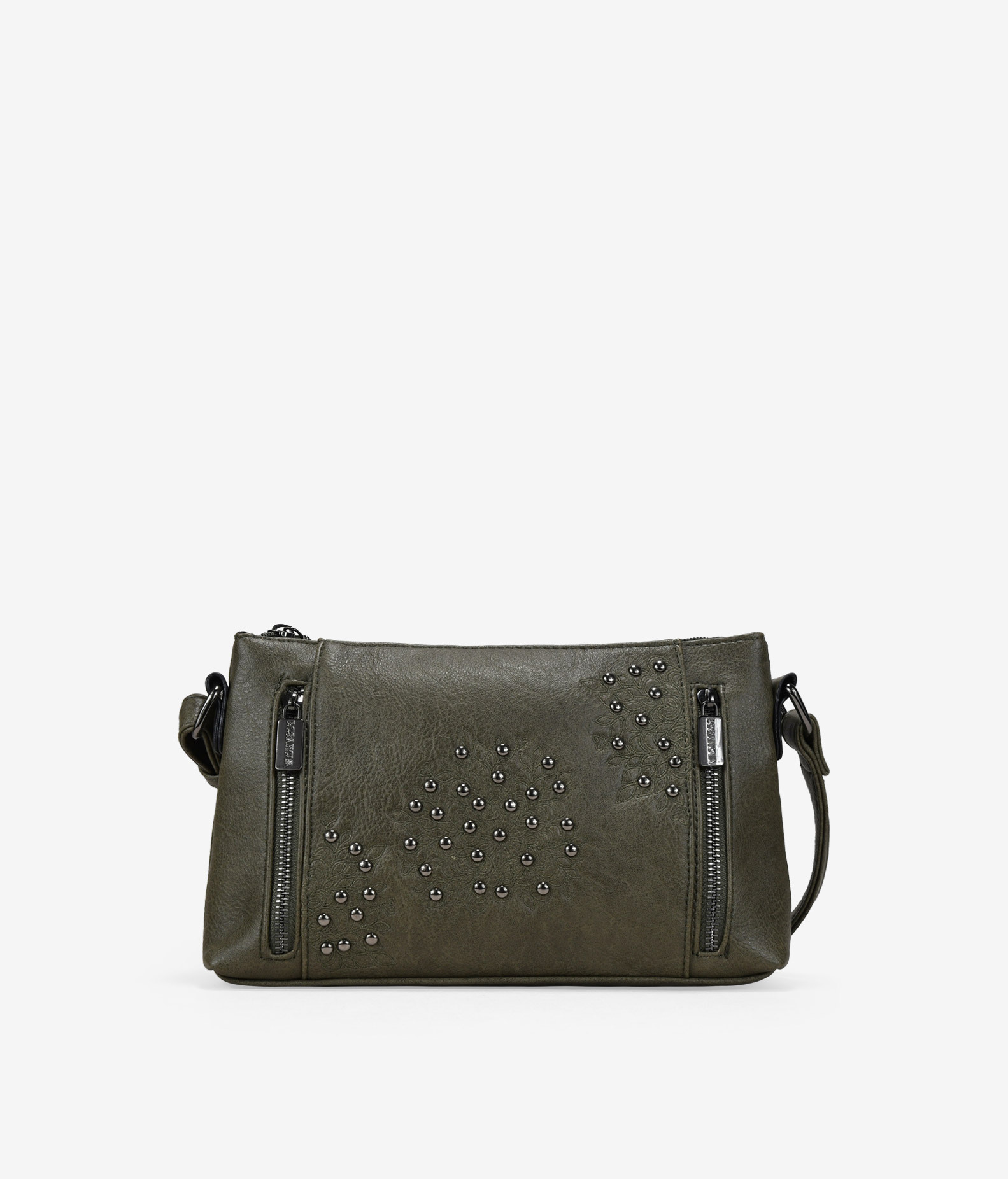 Bolso bandolera verde con cosidos y tachuelas