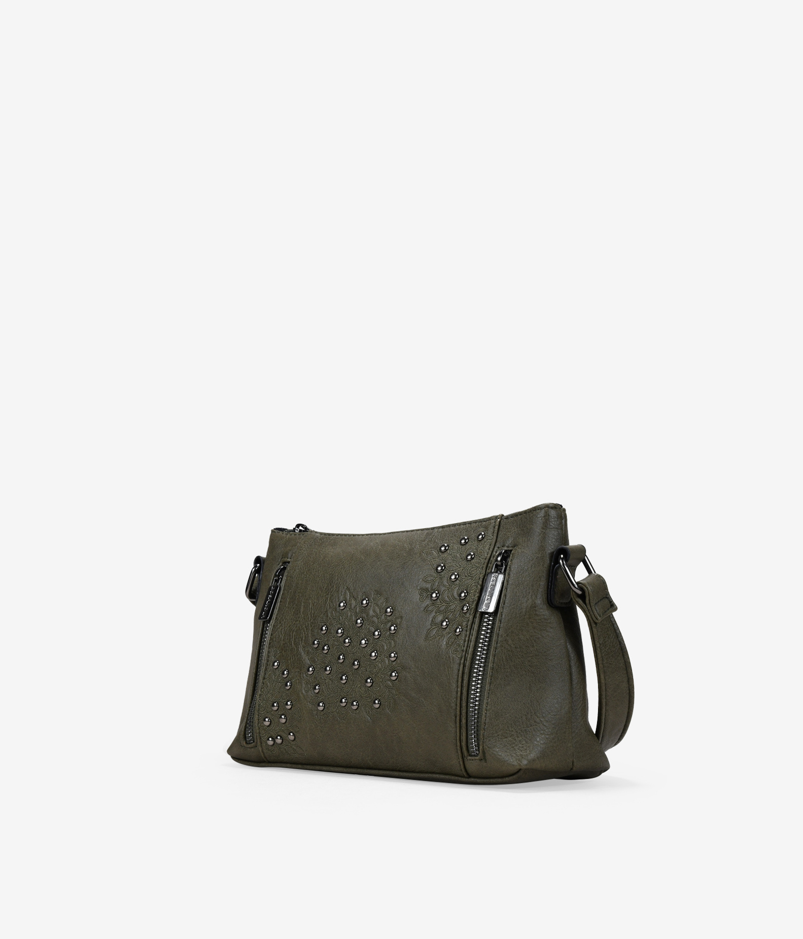 Bolso bandolera verde con cosidos y tachuelas