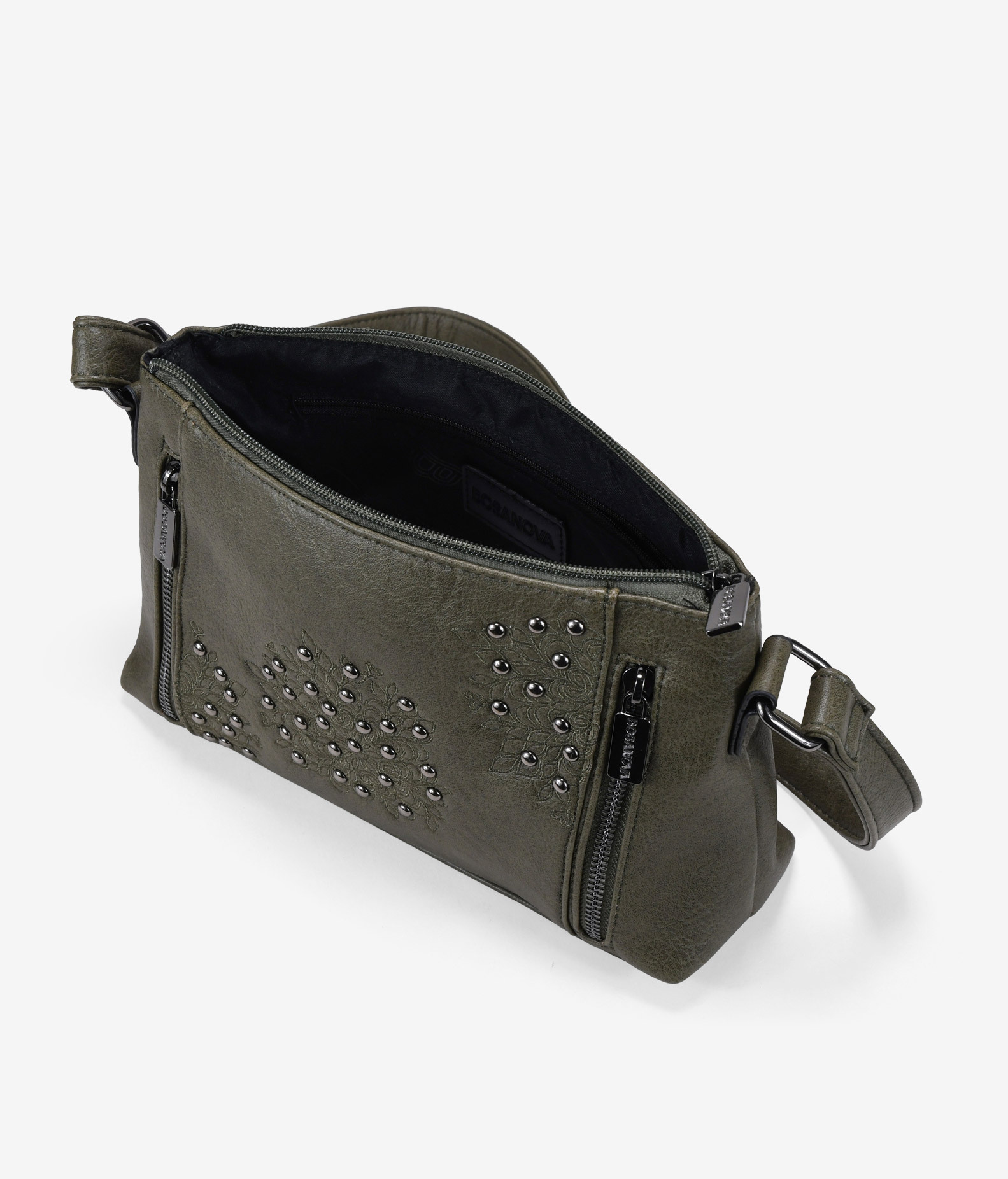 Bolso bandolera verde con cosidos y tachuelas