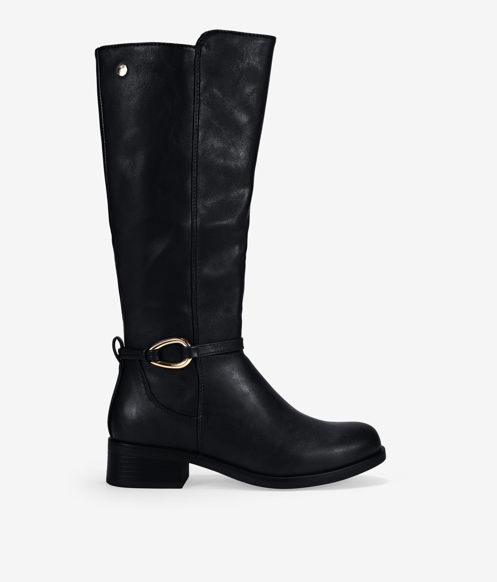 Botas altas negras planas con aplique de metal