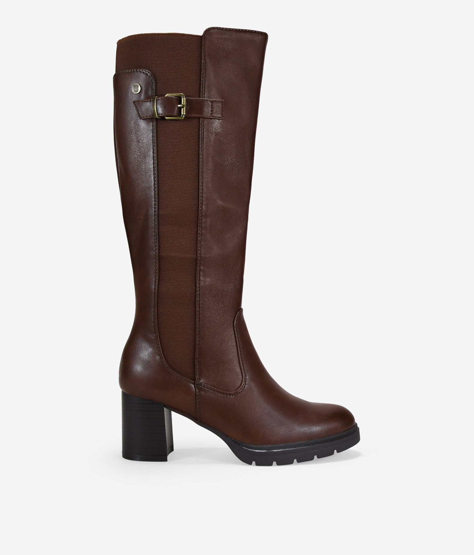 Brown knee-high boots with heel and elastic