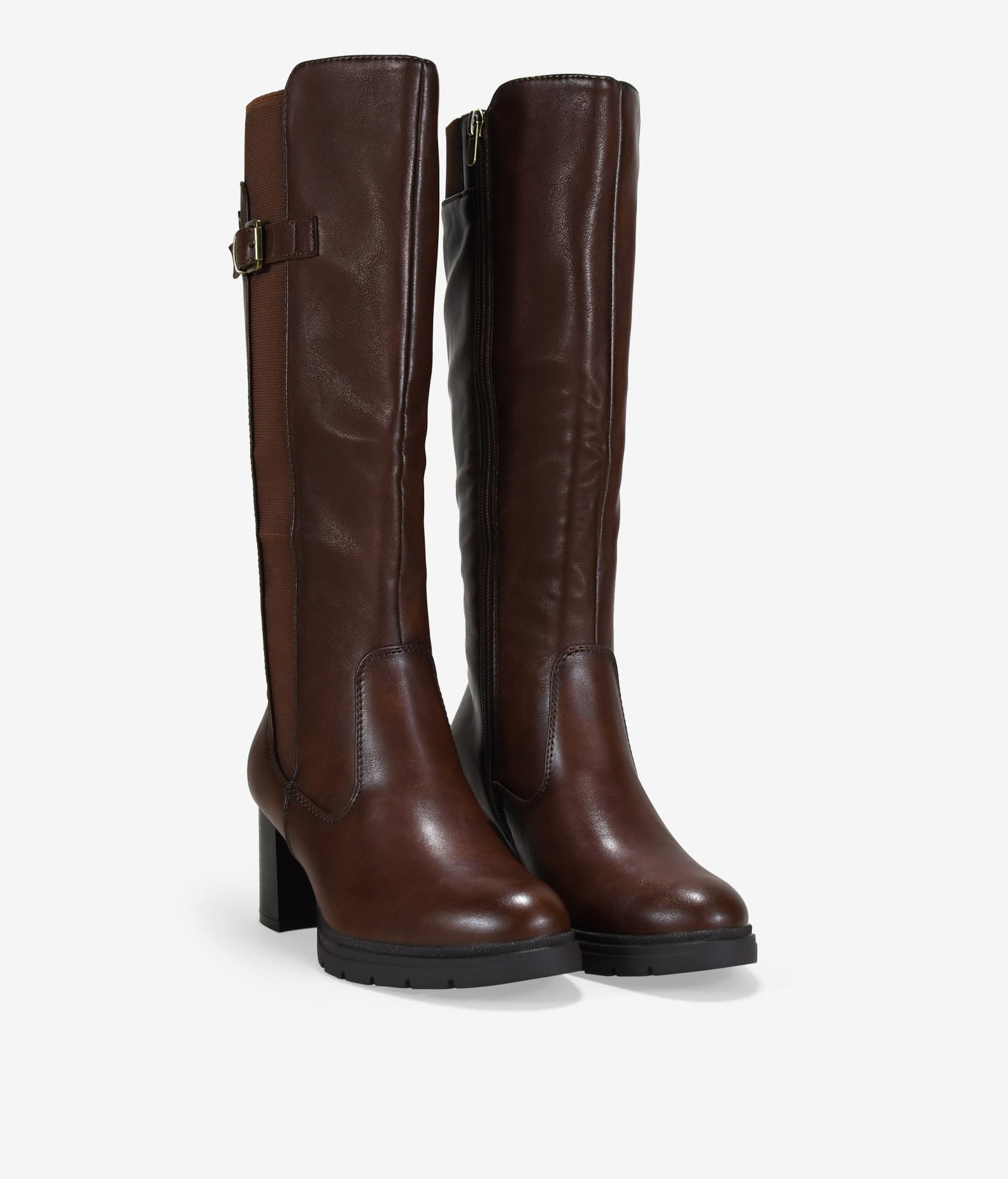 Brown knee-high boots with heel and elastic