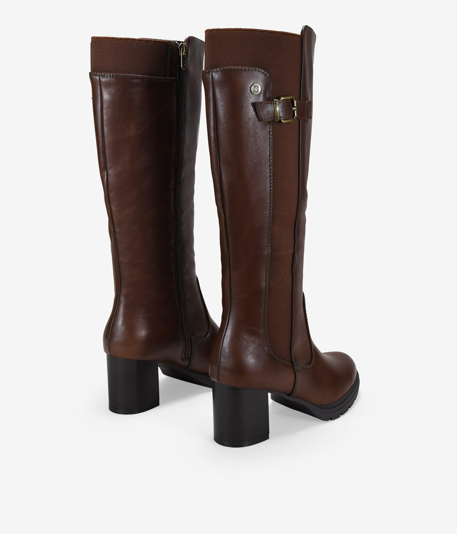 Brown knee-high boots with heel and elastic