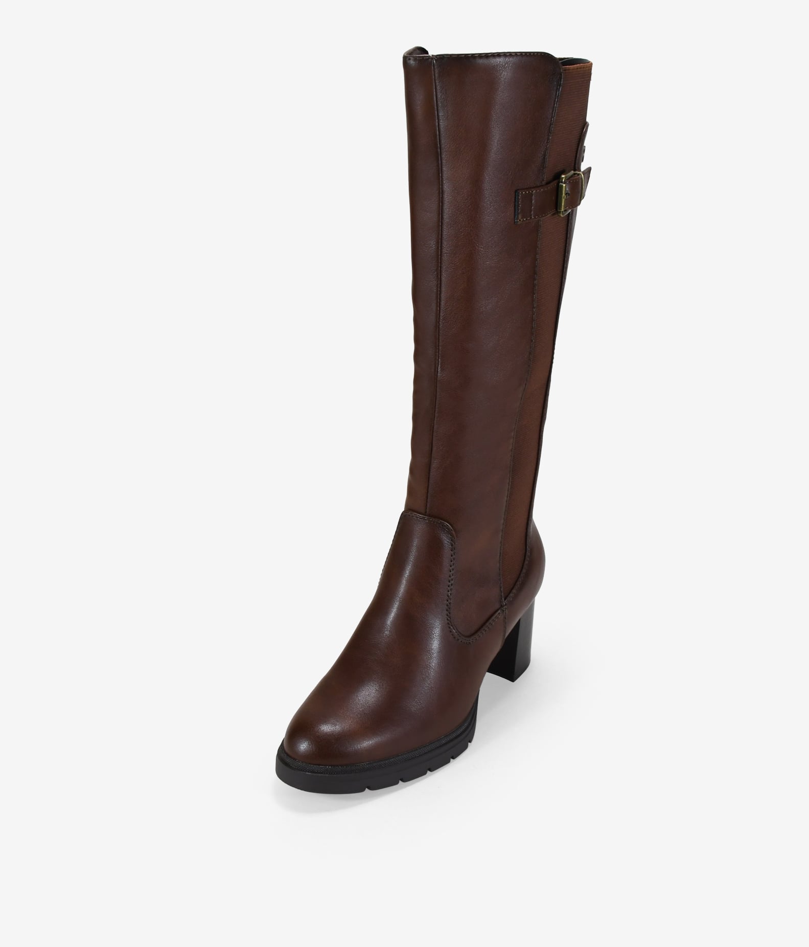 Brown knee-high boots with heel and elastic