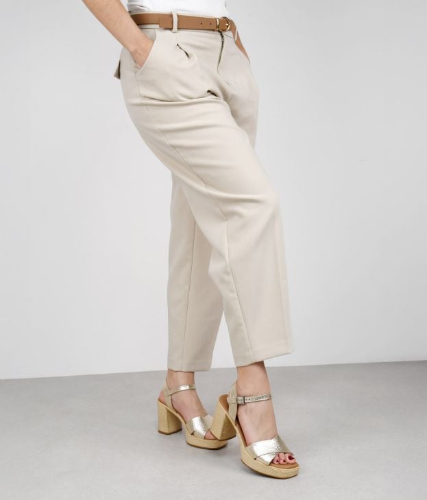 Golden leather sandals with raffia-effect heel