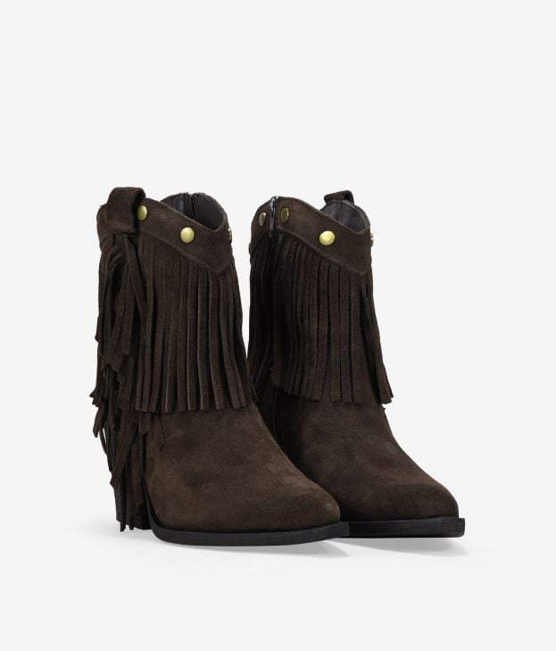 Botines de tacón marrones en piel con flecos y tachas - Imagen 2