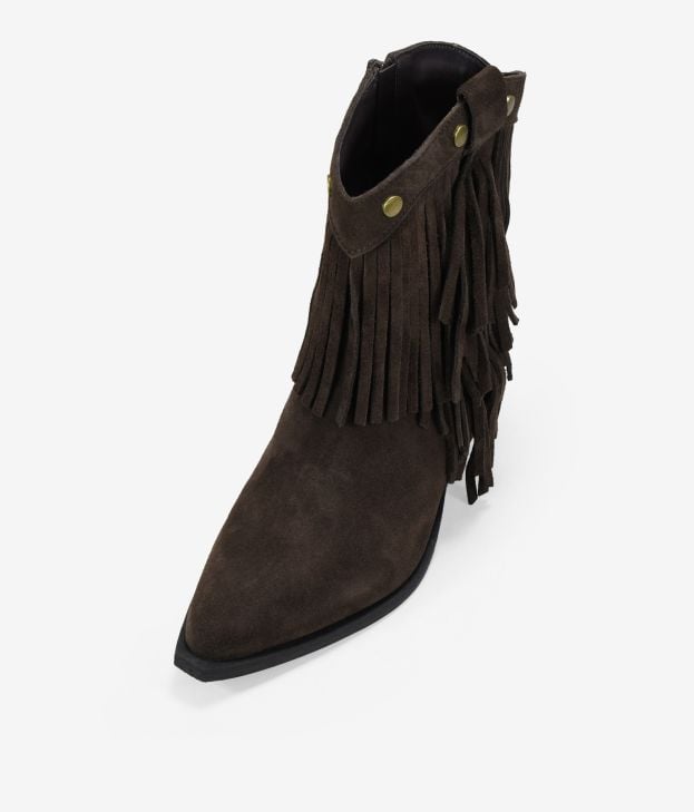 Botines de tacón marrones en piel con flecos y tachas - Imagen 4