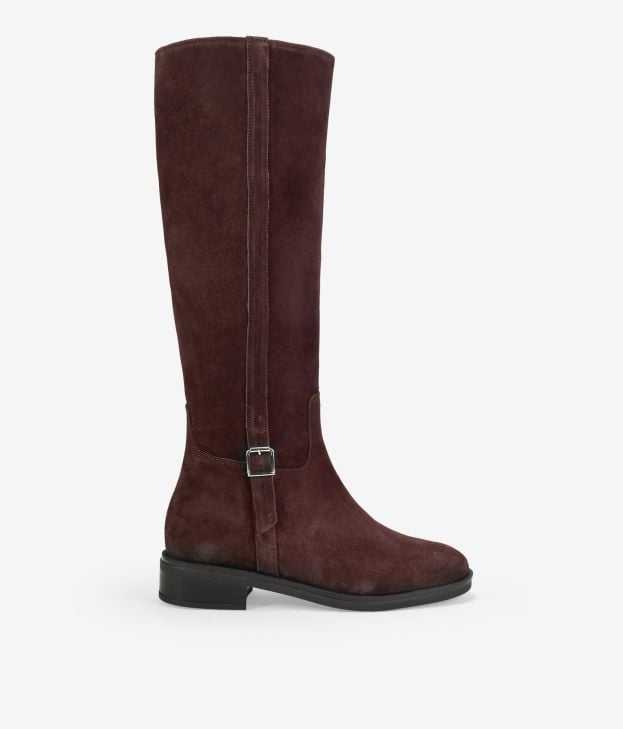Botas altas marrones en piel serraje con hebilla - Imagen 1