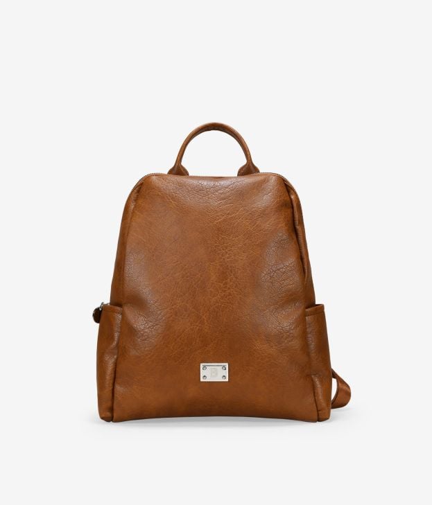 Mochila cuero con cremallera y bolsillos laterales