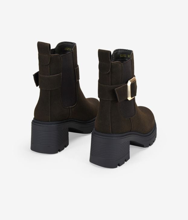 Botines de tacón kaki en piel con hebilla - Imagen 3