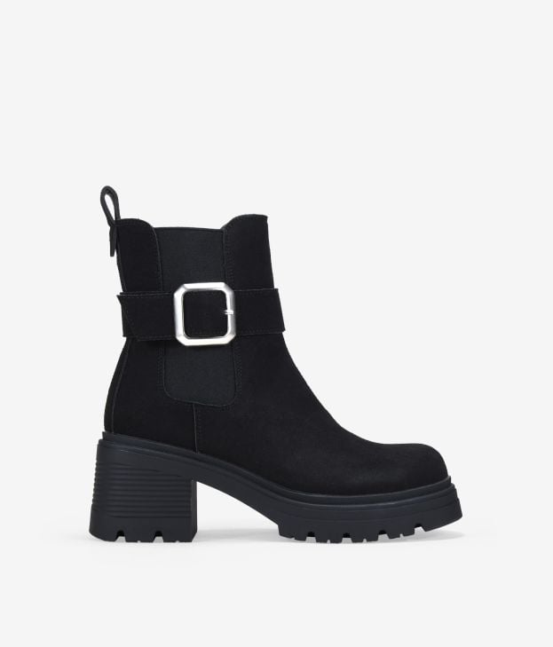 Botines de tacón negros en piel con hebilla - Imagen 1