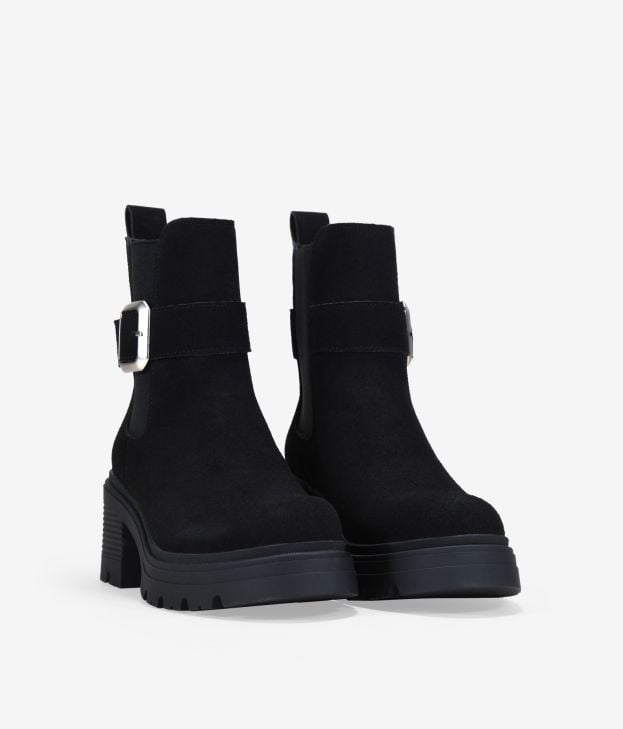 Botines de tacón negros en piel con hebilla - Imagen 2