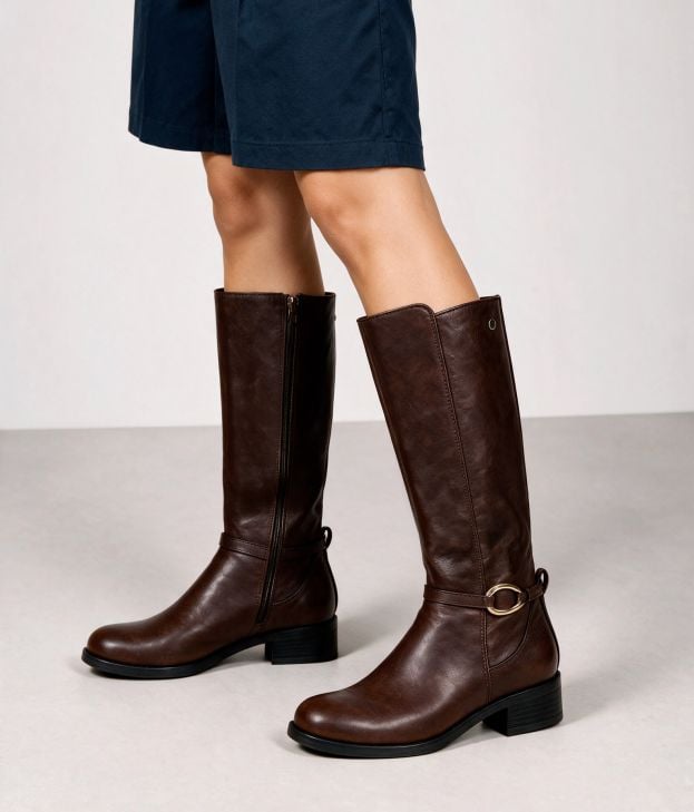 Botas altas marrones planas con aplique de metal - Imagen 1