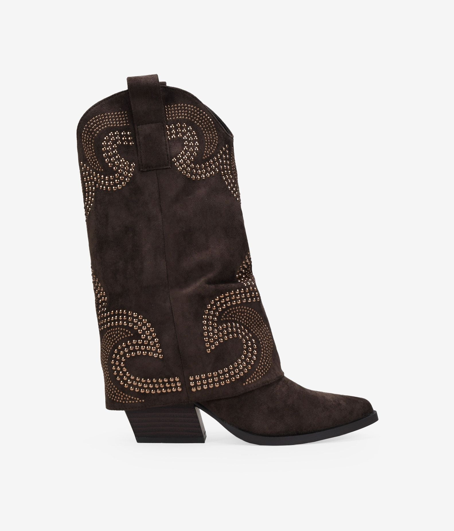 Botas Camperas Para Mujer BOSANOVA - Marrones Con Polaina Y Tachas, Tacón Cubano 7 Cm, Cierre Cremallera