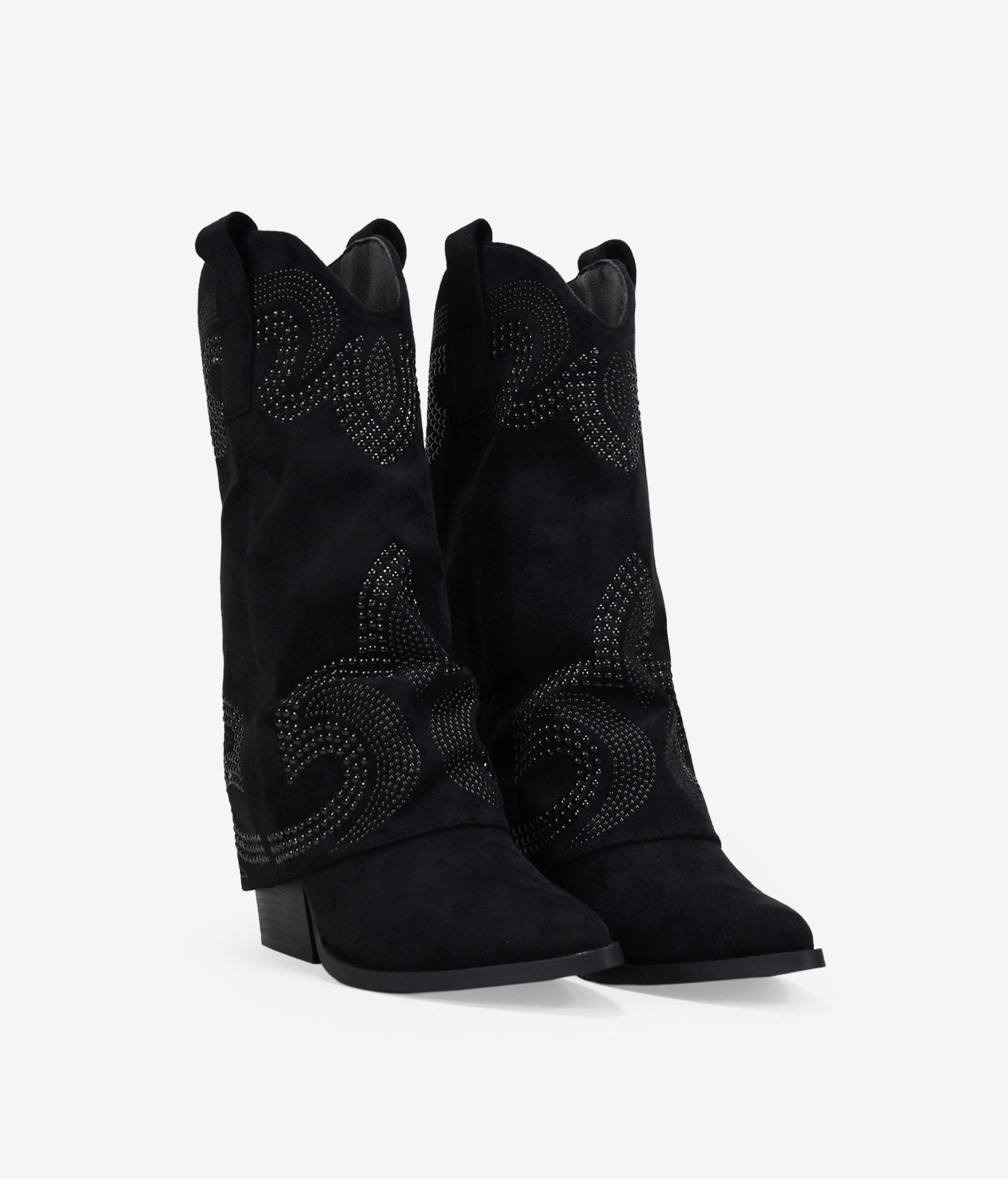 Botas Camperas Para Mujer BOSANOVA - Marrones Con Polaina Y Tachas, Tacón Cubano 7 Cm, Cierre Cremallera
