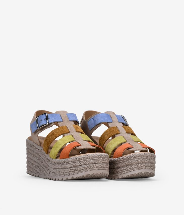Sandales compensées en cuir multicolore