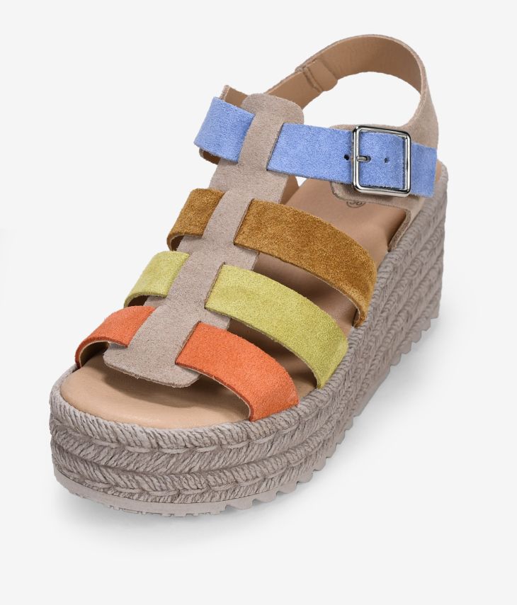 Sandales compensées en cuir multicolore