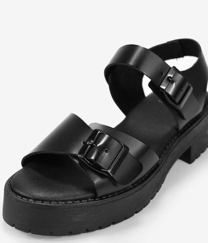Sandales en cuir noir à boucles