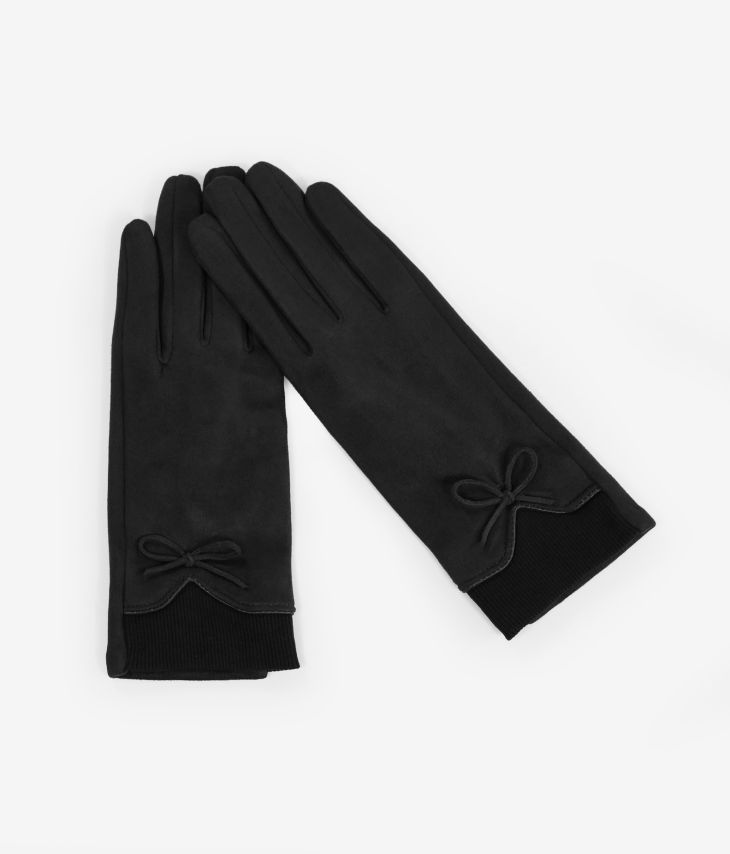 Schwarze Handschuhe mit Manschette und Schleife