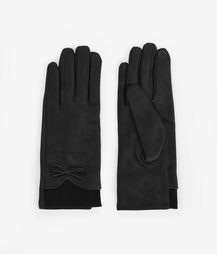 Schwarze Handschuhe mit Manschette und Schleife