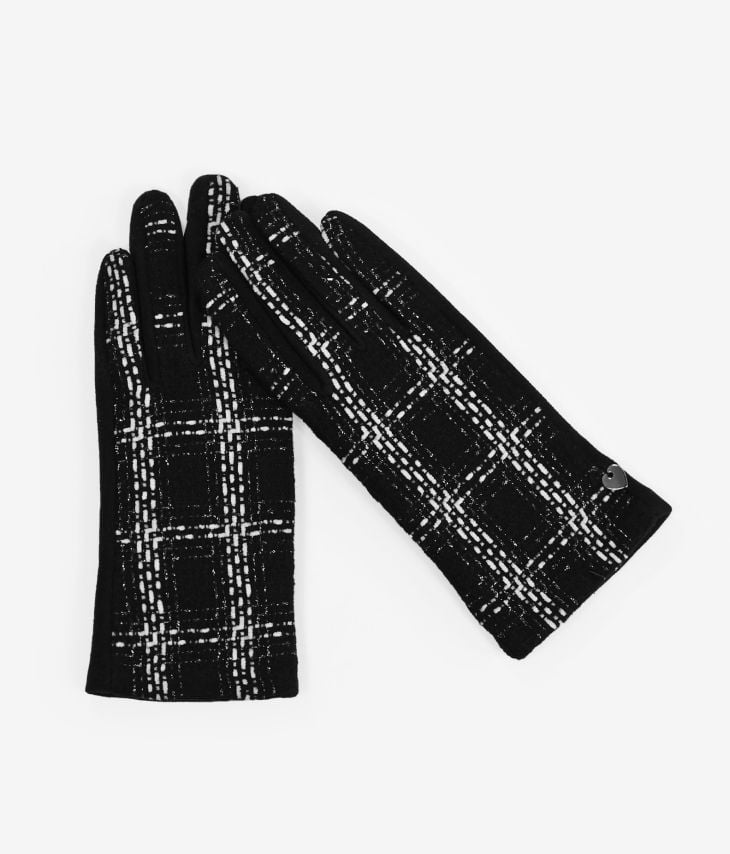 Schwarze Handschuhe mit Tweed-Print