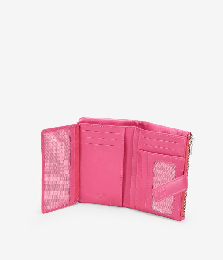 Carteira de couro rosa médio com zíper e compartimentos