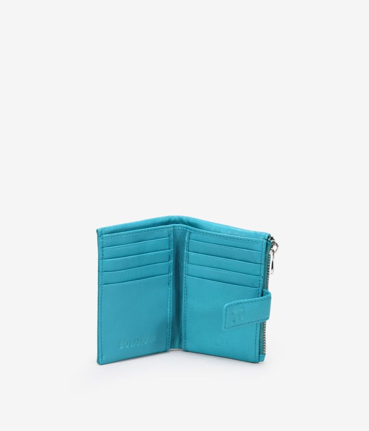 Carteira pequena de couro azul com zíper e compartimentos