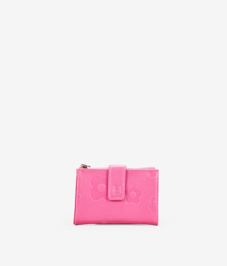 Petit portefeuille en cuir rose avec fermeture éclair et compartiments