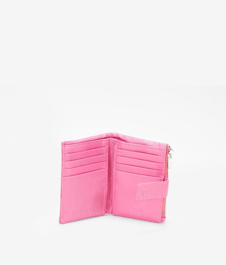 Carteira pequena de couro rosa com zíper e compartimentos