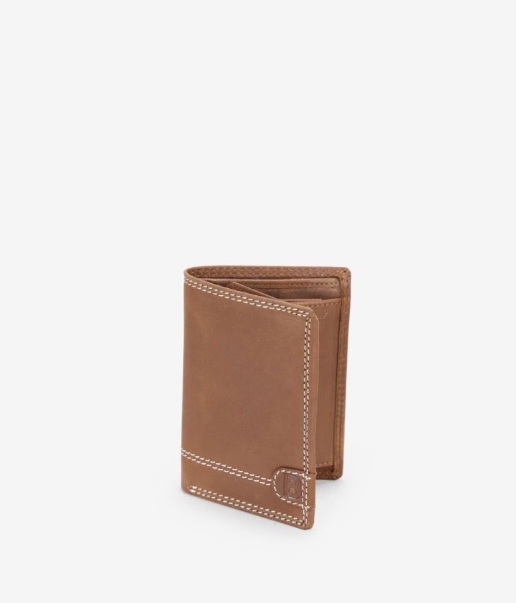 Brown leather wallet with stitching and coin holder
