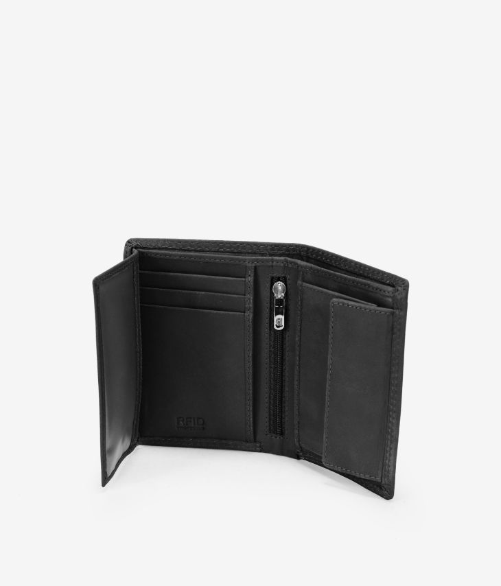 Portefeuille en cuir noir avec coutures et porte-monnaie