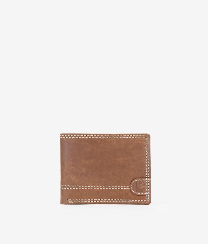 Portefeuille américain en cuir marron avec coutures et porte-monnaie