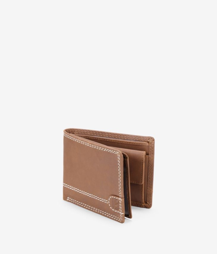 Portefeuille américain en cuir marron avec coutures et porte-monnaie