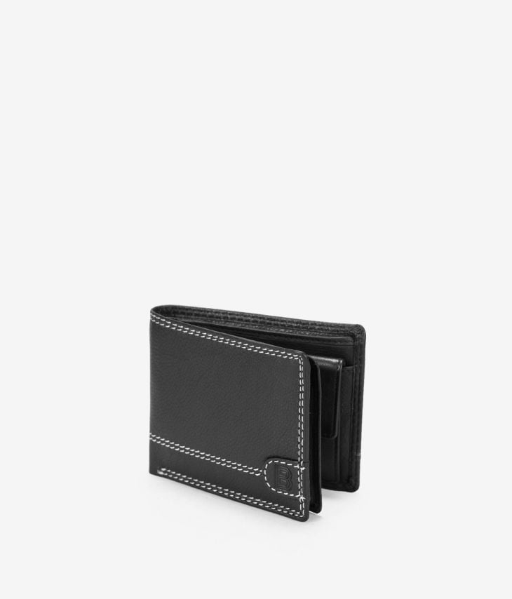 Portefeuille américain en cuir noir avec coutures et porte-monnaie
