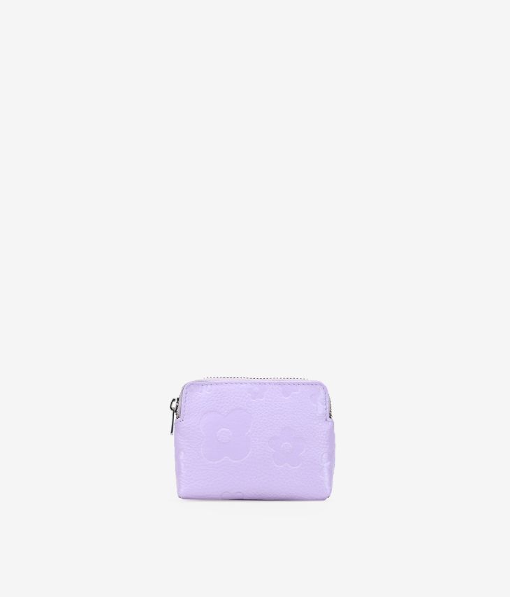 Bolsa pequena de couro lilás com flores e zíper