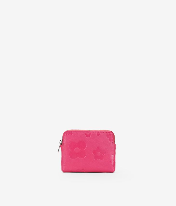 Bolsa pequena de couro rosa com flores e zíper