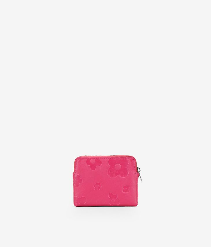 Bolsa pequena de couro rosa com flores e zíper