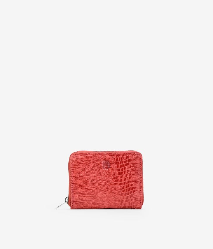 Petit porte-monnaie zippé en cuir imprimé animalier rouge