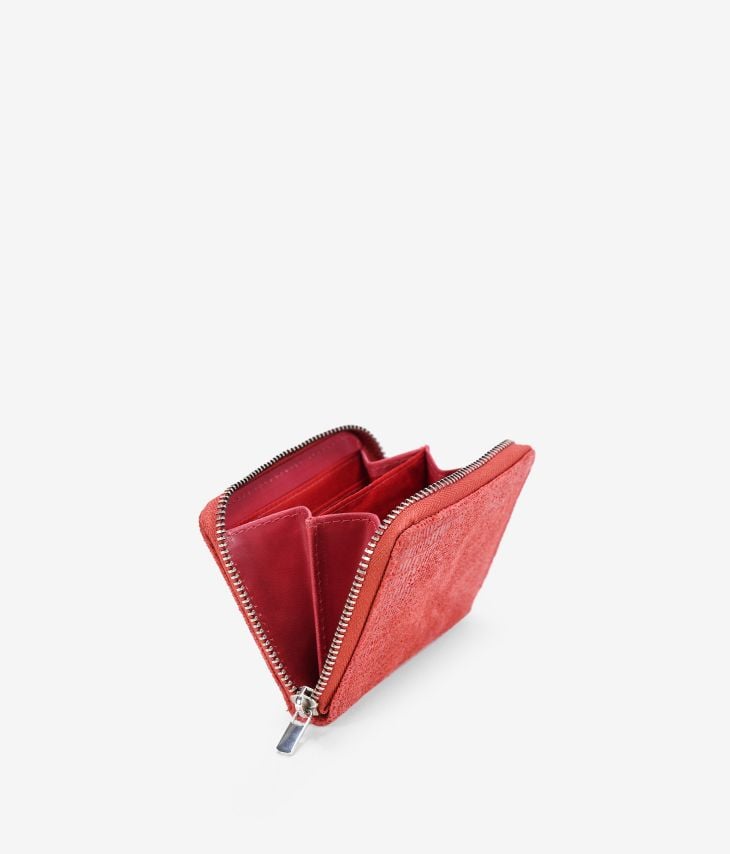 Portafoglio piccolo rosso in pelle stampa animalier con zip